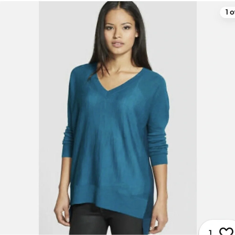 EILEEN FISHER Medium Arctic Green Blue Royal Alpaca Colorblock‎ High Low Sweater
